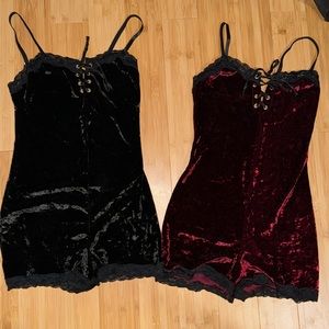 Bundle of 2 Lip Service Black & Burgundy Crushed Velvet Rompers sz M